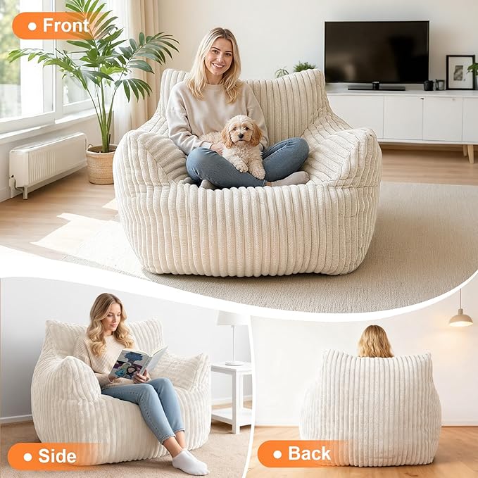 Giant Bean Bag Chair for Adults Oversized Memory Foam Bean Bag Sofa with Armrests Large Comfy Fluffy Single Lounges Mini Couch for Living Room Bedroom &amp Dorm(Beige)