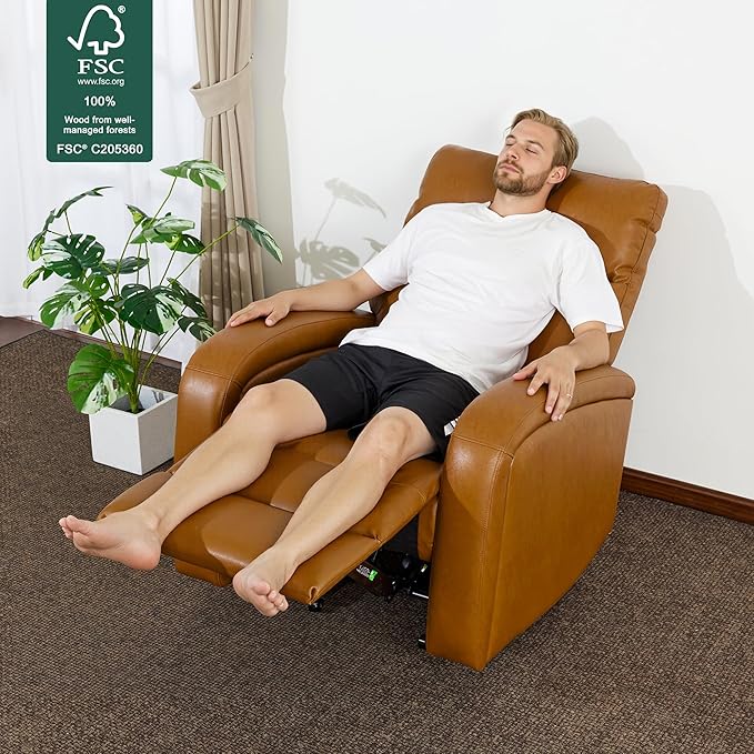 MCombo Zero Wall Recliner Chair Power Wall Hugger Recliner with USB &amp Type-C Dual Charge Ports for Small Space Living Room RV PR644 (Cognac Brown)