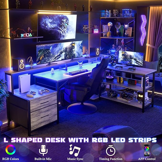 Aheaplus L Shaped Desk with File Drawer 72.8 Reversible L Shaped Computer Desk with Power Outlet &amp LED Strip Gaming Desk with Monitor Stand Office Desk Corner Desk with Storage Shelf White Oa