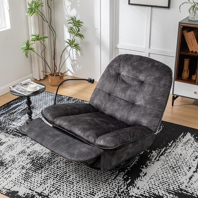 Swivel Rocker Recliner Chair for Adult Oversized Armless Recliner with Phone Holder Comfy Swivel Glider Recliner Velvet Reading Chair for Living Room (Black)
