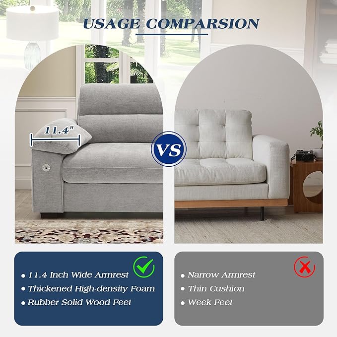 WorthFurni Sofas for Living Room Chenille Pillow-Armrest Loveseat Couch Set Small Sofa 3 Seater Sofa USB Charging Removable Sofa Cover Solid Wood Frame Easy to Install (71.5 inch Grey)