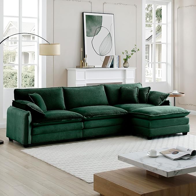 115.34 Modular Sectional Couch 3 Seat Extra Deep Corduroy Sofa with Ottoman Footrest 2 Arm Pillows &amp 3 Throw Pillows Modern Upholstered Comfy Couches for Living Room Bedroom Apartment Green