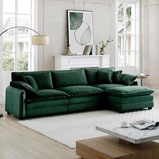 115.34 Modular Sectional Couch 3 Seat Extra Deep Corduroy Sofa with Ottoman Footrest 2 Arm Pillows &amp 3 Throw Pillows Modern Upholstered Comfy Couches for Living Room Bedroom Apartment Green