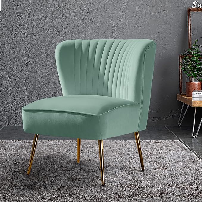 Tina's Home Velvet Armless Accent Chair Upholstered Modern Small Side Chair with Golden Legs Comfy Cute Wingback Slipper Chair for Living Room Study Beauty Room Thickly Padded(SAGE)