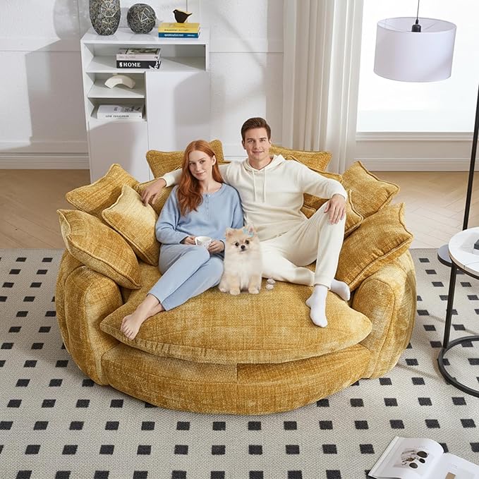 81 Oversized Round Sofa Bed Large Chenille Bean Bag Chair No Assembly Required Cloud Couch Fluffy Plush Chaise Lounge Chair Indoor Modern Sleeper Sofa with Deep Seat for Living Room (Yellow)