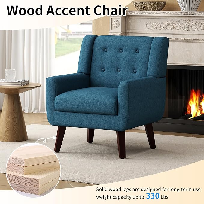Accent Chairs Set of 2 Mid-Century Modern Upholstered Living Room Armchair Comfy Linen Fabric Single Reading Arm Chair with Tufted Back and Wood Legs for Bedroom Club (2 Dark Teal)