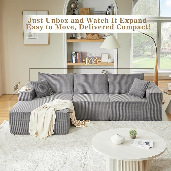 108 Sectional Couches for Living Room Cloud Couch Sofa with L-Shape Upholstered Boneless Couchs Modern Modular Sectional Couch with Chaise