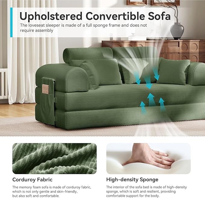 Upgrade High Backrest Design Sofa Bed with Fixed-Shape Frame &amp Removable Armrests and Backrest Corduroy Fabric Convertible Mattress Couch for Small Spaces - No Assembly (High Backrest Olive Gree