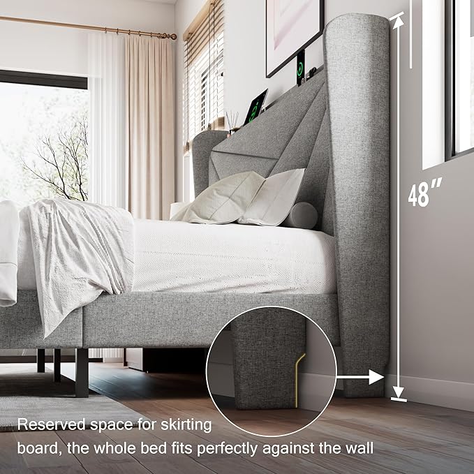 Full Size Upholstered Bed Frame with Charging Station Platform Bed Frame with Storage Headboard Solid Wood Slats Support No Box Spring Needed Light Gray