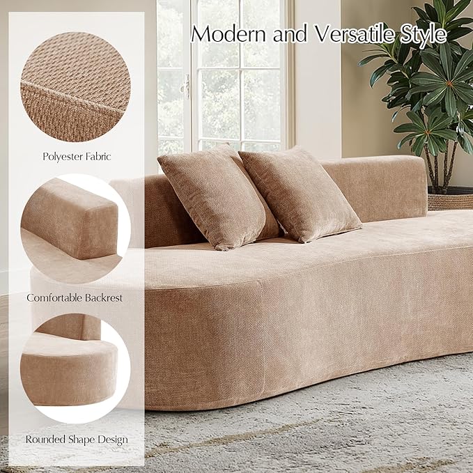 HULALA HOME 94.5 Curved Boneless Couch with Two Pillows Oversized 3 Seater Compressed Foam Sofa with Deep Seat Modern Cloud Couch for Living Room No Assembly Required Pink