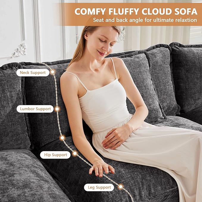 Setawix Modern Modular Sectional Sofa Chair with Movable Ottoman 42 Upholstered Chenille Comfy Fluffy Cloud Deep Seat Couch Oversized Single Armchair with Throw Pillow for Living Room Black