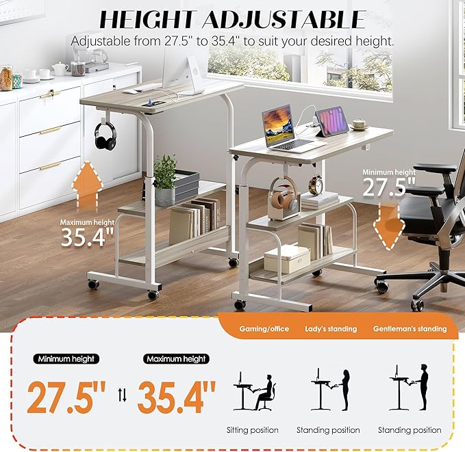 soges Height Adjustable Desk with Charging Station Mobile Computer Workstation with 2 Storage Shelves Small Rolling Desk on Wheels for Home Office Maple