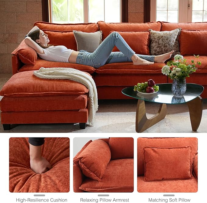 ELUCHANG 150 U Shaped Sectional Couch Comfy Cloud Modular Sectional Sofa with Movable Ottoman 6-Seat Deep Seat Modern Cloud Sofa Couches for Living Room Bedroom and Apartment Chenille Orange