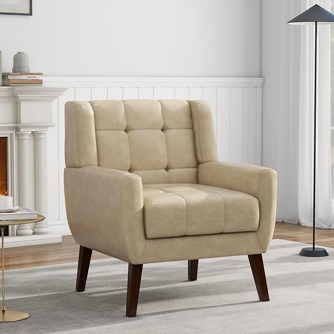 UIXE Faux Leather Accent Chair Modern Upholstered Club Arm Chair for Living Room Comfy Armchair Single Sofa Seat with Solid Wooden Legs (Cream)