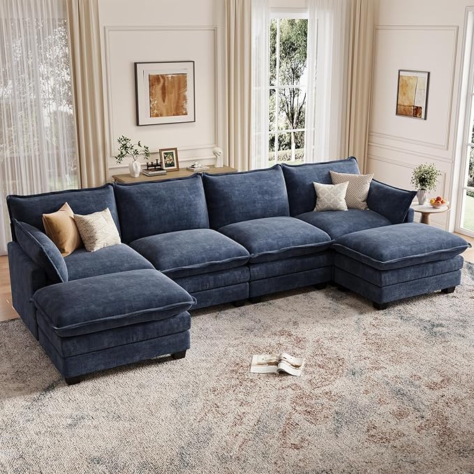 Modular Sectional U Shaped Sofa Couches for Living Room Cloud Couch with Movable Ottoman Comfy Chenille Sofa with Pillow for Bedroom and ApartmentBlue
