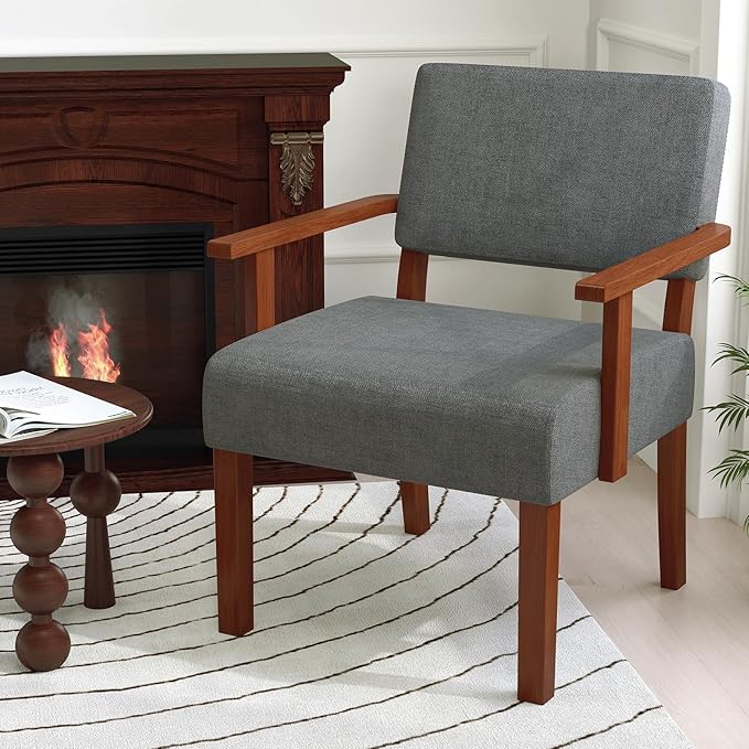 KOMFOTT Upholstered Accent Chair Mid-Century Modern Armchair with Rubber Wood Frame Linen Fabric Living Room Chair with Padded Seat &amp Backrest Comfy Reading Chair for Bedroom Waiting Room Gre