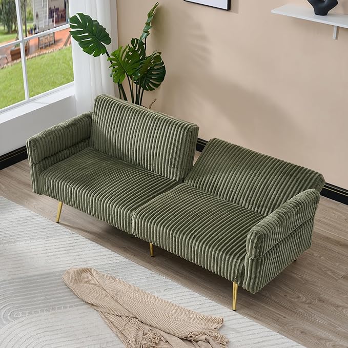 73 Convertible Futon Sofa BedComfy Teddy Fabric Sleeper Couch with 3 Reclining BackrestsGolden Chrome LegsModern Cloud Sofa Loveseat for Small Living Room Office (Green-Corduroy)