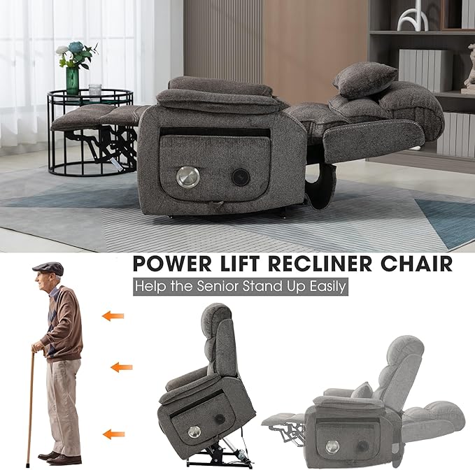 Lift Chair Lay Flat Recliner Heat Massage Dual Motor Infinite Position Power Recliners with Left Side Tray Table-Wireless ChargerCup Holder (Dark Grey Chenille Fabric)