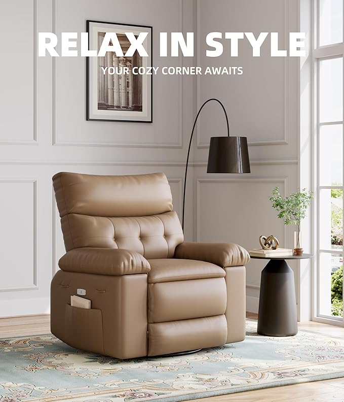 Oversized Swivel Recliner Chair for Adults 400LB Capacity Manual Recliner with 1.5X Plush Cushion 3-Position PU Leather Lounge &amp Nursery Recliner for Living Room &amp Bedroom
