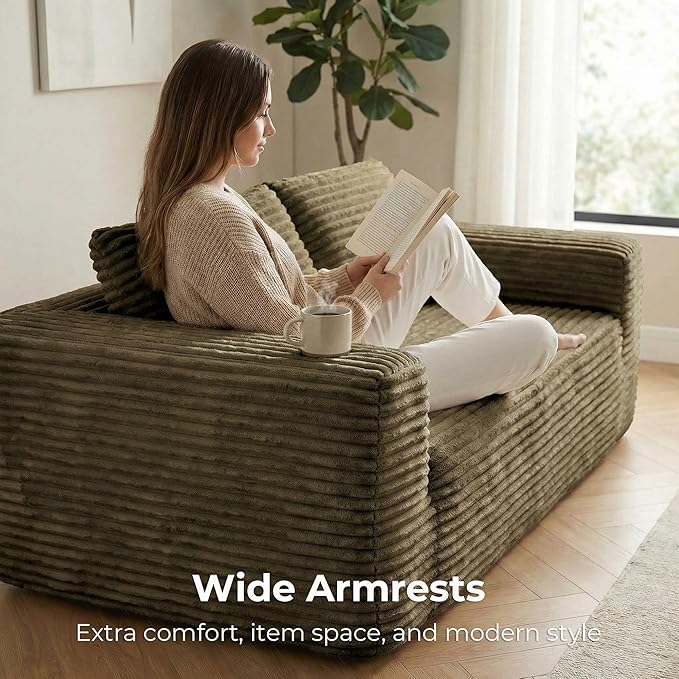 LIKIMIO 71 Loveseat Sofa in a Box - Plush Corduroy Deep Seat Couch No Assembly Required Space-Saving Design for Compact Living Room Apartment Home Office Brown