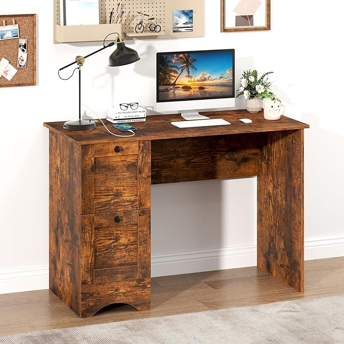 Nightcore 43” Modern Computer Desk Home Office Writing Desk with Power Outlet &amp 2 Storage Drawers PC Laptop Working Desk Workstation for Study Bedroom Living Room (Rustic Brown)