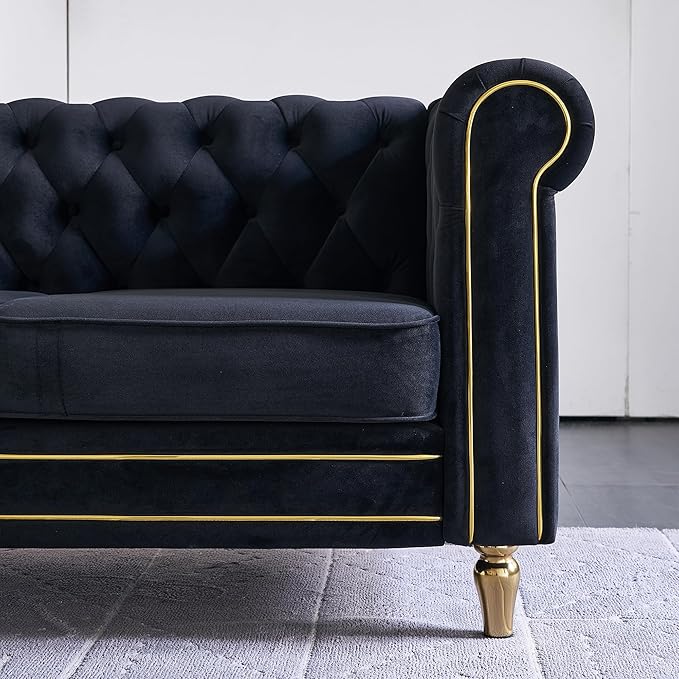 Homtique 84 Modern Couch for Living Room 3 Seater Comfy Velvet Sofa with Button Tufted Rolled Arms and Gold Legs Chesterfield Sofa for Home/Office Bedroom Black