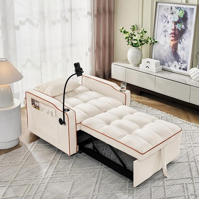 3 in 1 Convertible Sleeper Chair Bed with USB Ports Cup Holder and Phone Stand Velvet Pull Out Futon Sofa Beds Adjustable Backrest Single Sofa Chair for Small Spaces Living Room Office (Beige)