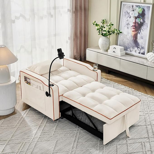 3 in 1 Convertible Sleeper Chair Bed with USB Ports Cup Holder and Phone Stand Velvet Pull Out Futon Sofa Beds Adjustable Backrest Single Sofa Chair for Small Spaces Living Room Office (Beige)