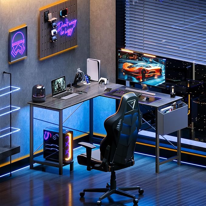 DUMOS L Shaped Desk Computer Gaming Corner Table 50 Inch Home Office Writing Student Work PC Workstation with Side Storage Bag CPU Stand for Bedroom Small Spaces