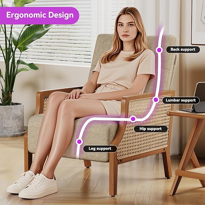 Aklaus Mid Century Accent Chair Set of 2 with Rattan Armrest Upholstered Living Room Chairs Lounge Fabric Reading Chairs Side Sitting Farmhouse Chair for Living Room Bedroom Balcony Grayish Brown
