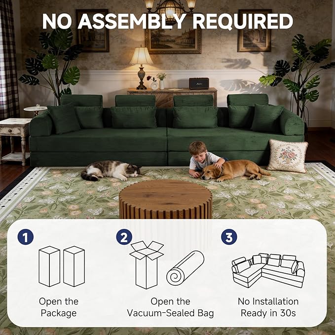 106” Cloud Sectional Couch L-Shaped Sofa with Right Facing Chaise Corduroy Boneless Couches Compressed Modular Sectional Sofa with Deep Seat High Backrest Headrest (Green)