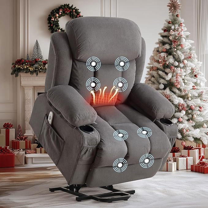 BOSMILLER Power Lift Recliner Chair with Massage and Heat for Elderly Electric Recliner Single Sofa with Two Cup Holders Extended Footrest Side Pocket and USB Charge Port for Living Room
