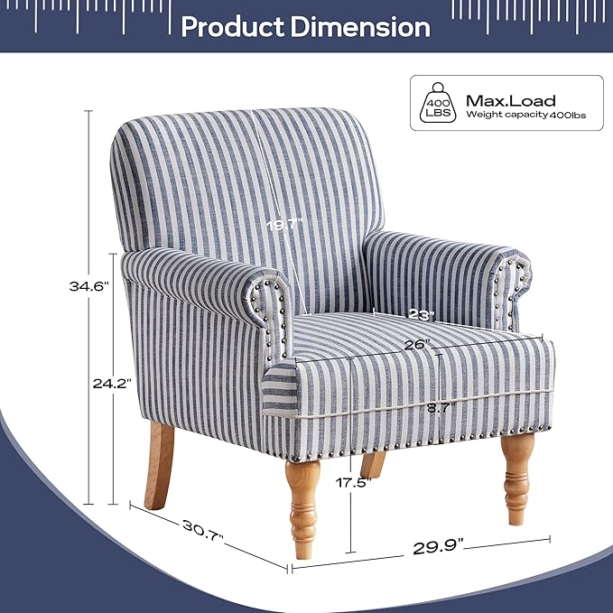 HUIMO Linen Fabric Accent Chair Mid-Century Modern Armchair with Solid Wood Legs Single Sofa ChairUpholstered Reading Club Chair (1 Dark Blue and White Stripe)
