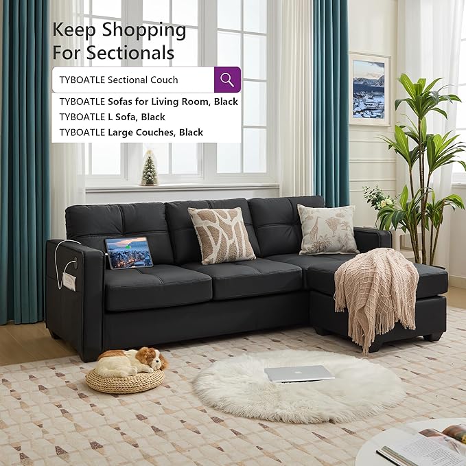 TYBOATLE Black Couch Sectional Couches w/Side Pockets for Living Room Comfy Faux Leather Modular Convertible L Shaped Sofas with USB &amp Ottoman Leather Sectional for RV Apartment Office