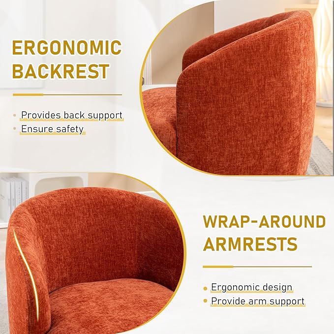 Modern Orange Chenille Swivel Accent Chair 360 Degree Round Bucket Chair Comfortable Arm Chair for Living Room Bedroom Nursery