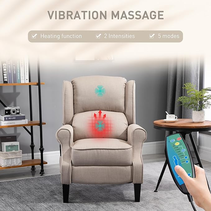 HOMCOM Vibration Massage Recliner Chair for Living Room with Heat Wingback Single Sofa Modern Linen Fabric Push Back Reclining Chair with Footrest Side Pocket Dark Beige