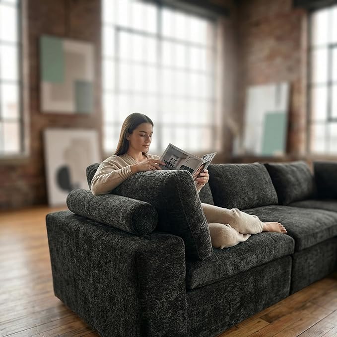 151'' 6 Seater Memory Foam Couch with Ottoman Modular Sectional Sofa for Living Room Boneless Couch Sectional with Memory Foam No Assembly Big Couch Set Black | Ergonomic Bolster