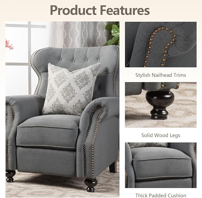 Pushback Recliner Chair Fabric Armchair Push Back Recliner with Rivet Decoration Mid Century Wingback Accent Chair for Living Room Bedroom Stable Hump Feet (Charcoal)