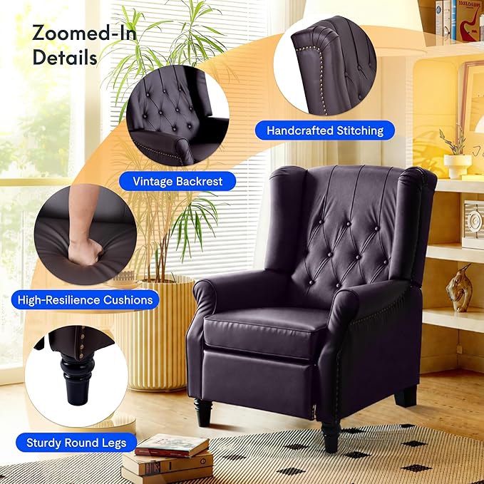 FLEXISPOT XC5 Pushback Recliner Chair for Adults Mid Century Wingback Accent Chair with Rivet Decoration Tufted Upholstered Single Sofa Armchair for Living Room Bedroom Study (Fabric White)