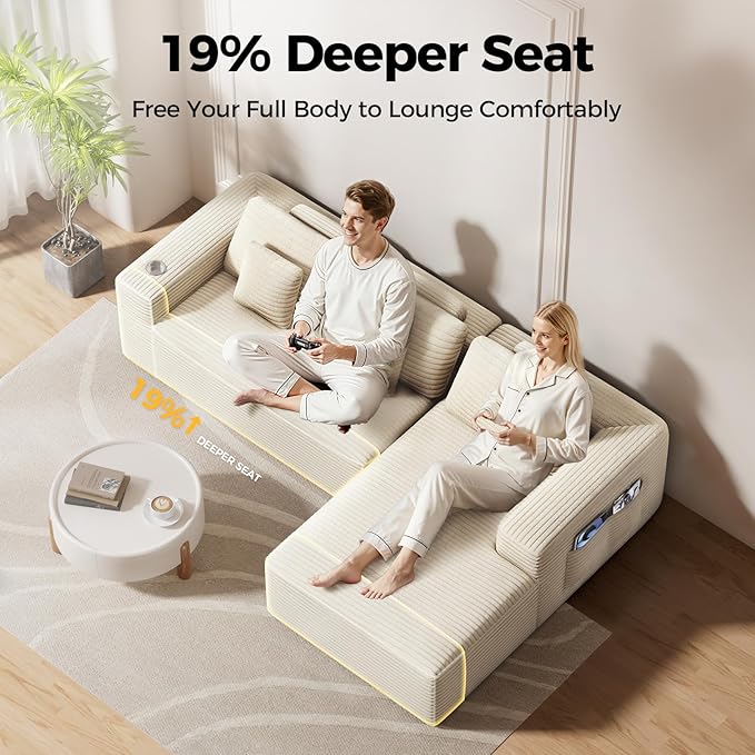 108” Cloud Sectional Couch Modern Modular Sectional Sofa with Deep Seat Corduroy Boneless Couches with Chaise L-Shaped Sofa for Living Room 4 Storage Pockets (Right Facing Chaise Beige)