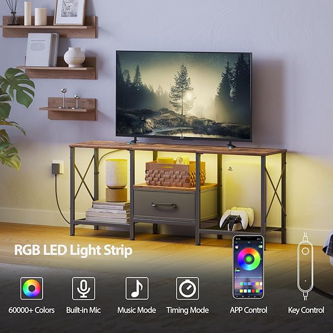 LED TV Stand with Fabric Drawer Entertainment Center for 50 55 Inch TV Industrial TV Console Table with Open Storage Shelves for Living Room Bedroom Rustic Brown