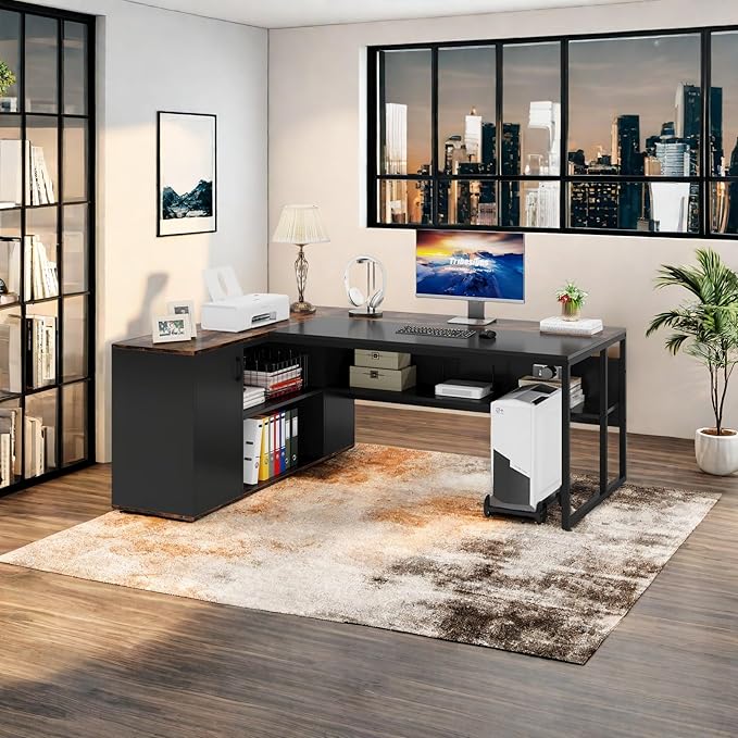 Tribesigns 71 L-Shaped Executive Desk Large Office Desk with Lateral Cabinet and Open Shelves Industrial Computer Table for Home Office Walnut &amp Black