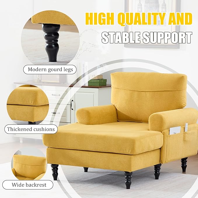 KEIKI Chaise Lounge Chair Indoor Oversized Accent Chenille Armchair with Storage Leisure Sleeper Single Sofa Side Chair Corner Recliner Arm Chairs for Living Room Reading Easy Assembly Yellow