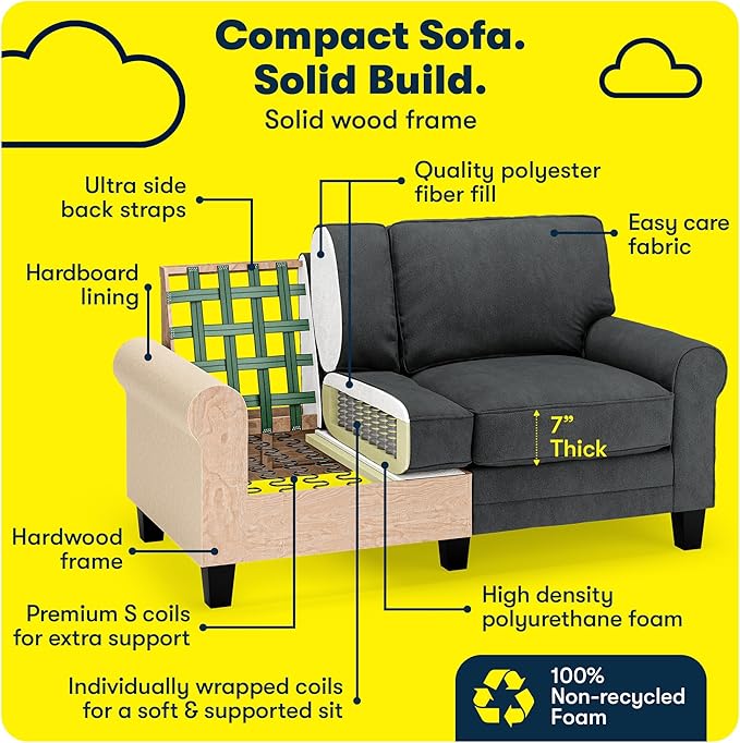 Serta Copenhagen 61 Rolled Arm Sofa Easy Care Polyester Soft Pillow Back Pocket Coil Seat Cushions Removable Covers Loveseat or Couch for Small Spaces Living Rooms or Bedrooms Charcoal