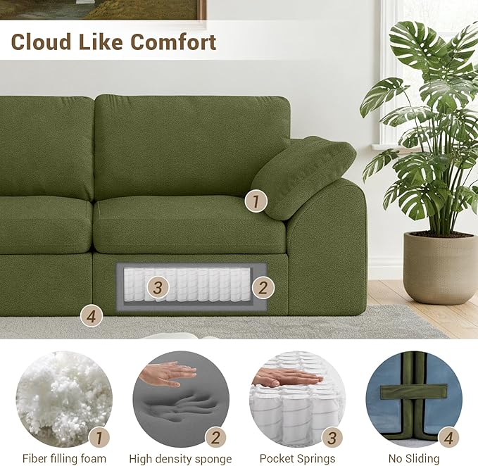 Cloud Sectional Couches 78.8 L-Shape Sofa with Ottoman Deep Seat Modular Sectional Couch Comfy Boneless Couch for Living Room &amp Bedroom Bouclé Fabric Green