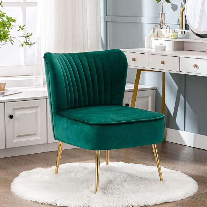 WO Indoor Furniture 22 Wide Tufted Velvet Accent Chair with Gold Metal Leg Rust and Scratch Resistant Premium Quality Seat for Your Den Living Room Bedroom Home (Green)