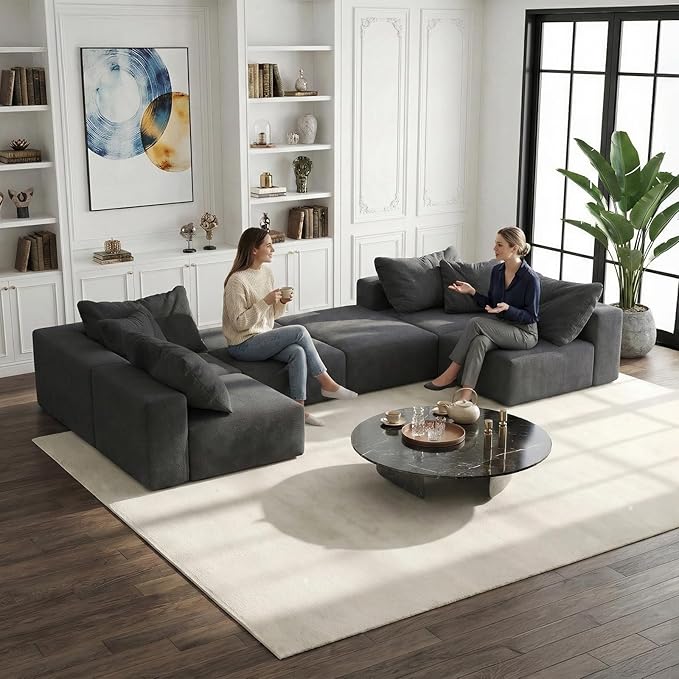 197” Modular L-Shaped Sectional Sofa Cloud Chenille Couch with 6 Pillows No-Assembly Customizable Sofa for Living Room &amp Bedroom Gray