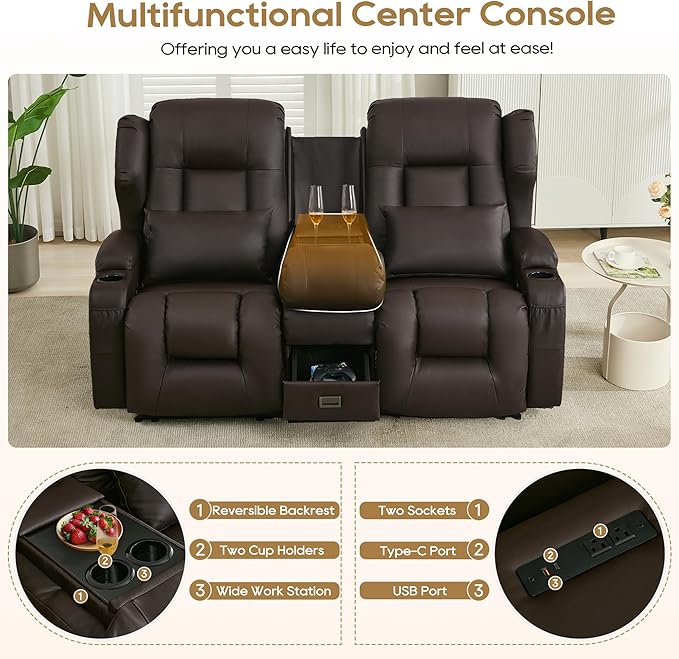 DRMBOOK RV Loveseat Recliner Sofa Double Wall Hugger Reclining Couches Manual Reclinable Movie Seating 2 Person Recliner for Travel Trailer (Leather Brown 2 Seater with Reversible Console)