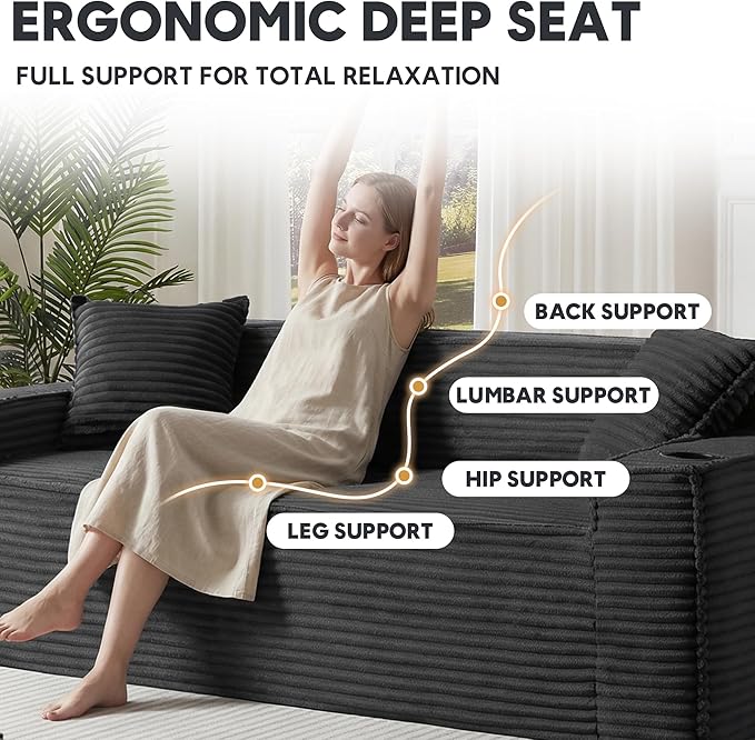 Boneless Sectional Sofa Couch with Cup Holders &amp Side Pockets Modern Corduroy Fabric Deep Seat Loveseat Cloud Couch for Living Room Office No Assembly (Grey)