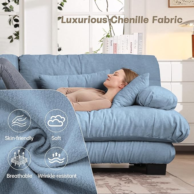 Cloud Couch 133.8“ Sectional Couches for Living Room Oversize Deep Seat U Shaped Couch Chenille Fluffy 3 Seats Sofa with 2 Ottomans Blue